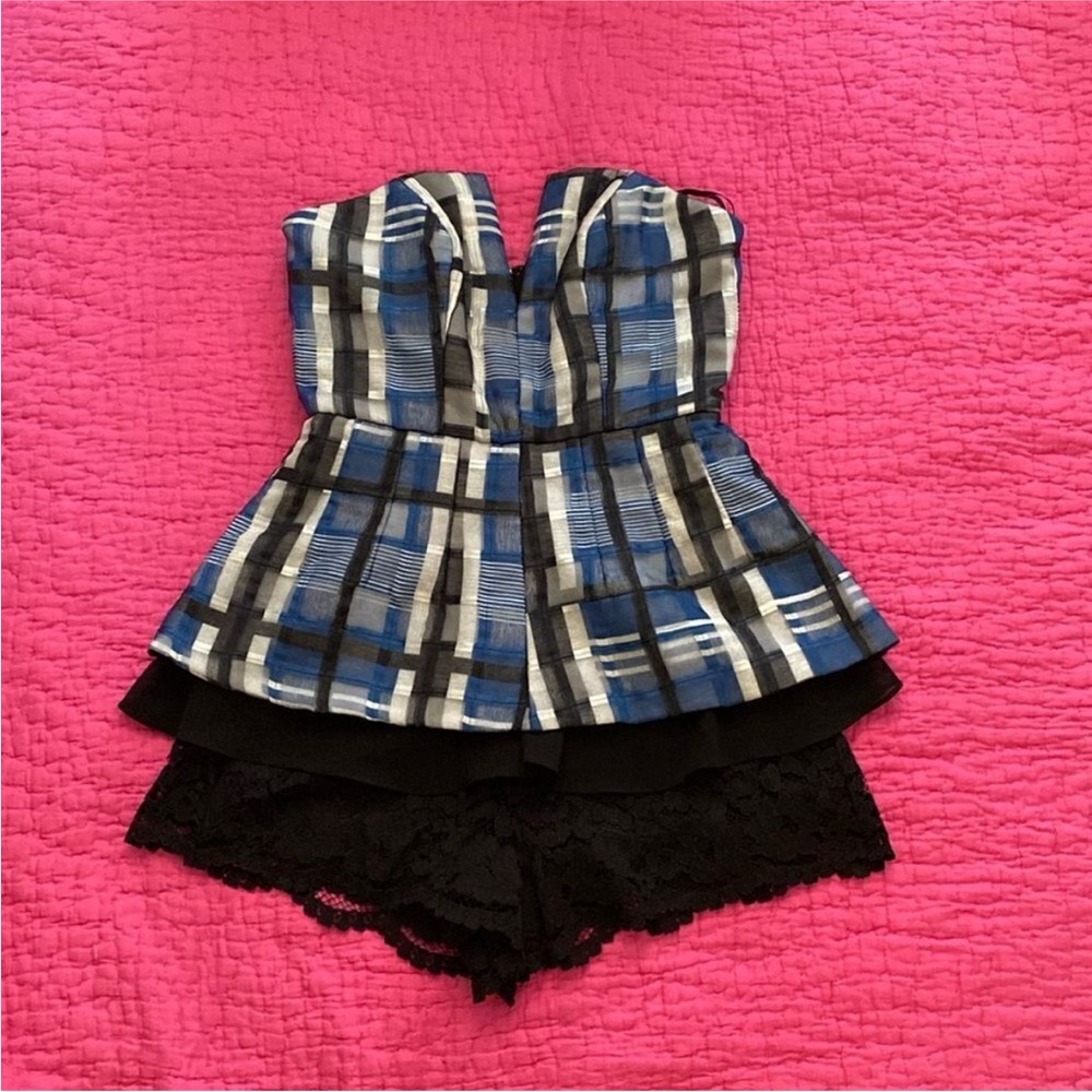 NBD Blue Plaid Strapless Romper